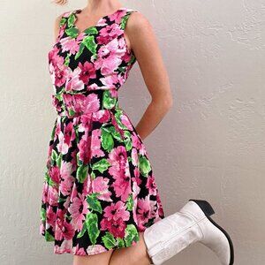 Vintage 1980s/90s Black Floral Belted Fit + Flare Dress